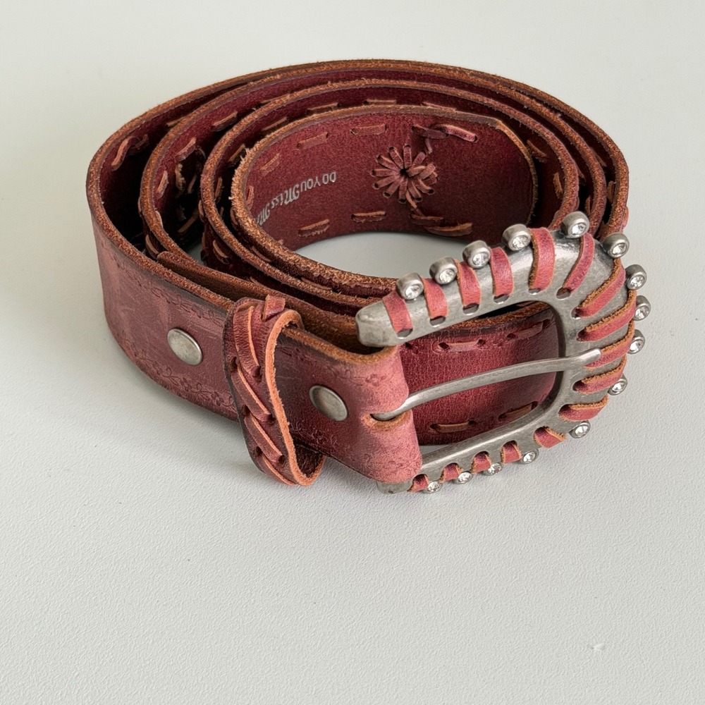 Do You Miss Me Womens Burgundy Leather Western Rhinestone Buckle Belt Large